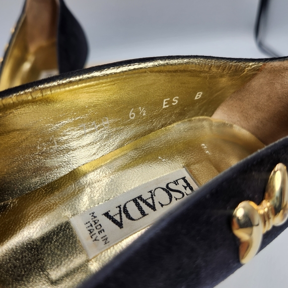 Vintage Escada Suede Pumps 1980s Black Heels with Gold Bow and Gold Heart 6.5B - Picture 14 of 14